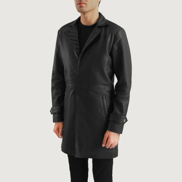 Mens Infinity Black Leather Coat Side Pose-3-1700483255074